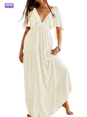Women's V-Neck Maxi Dress Flutter Sleeve Backless Tiered Ruffle